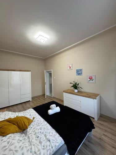 a bedroom with a large bed and a desk at Apartament Kapitańska in Szczecin
