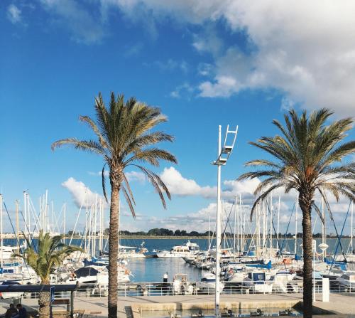a marina with palm trees and boats in the water at Alojamento Baixa Mar in Vila Real de Santo António