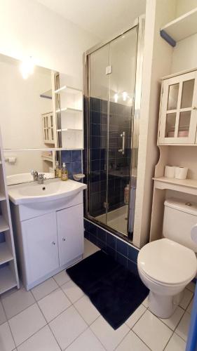 une salle de bain avec toilettes, lavabo et douche dans l'établissement Appartement Barcarès piscine chauffée, au Barcarès