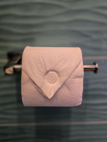 a roll of toilet paper hanging on a towel rack at Airport Luxury Rooms in Naples