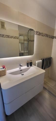 une salle de bain avec un lavabo blanc et un miroir dans l'établissement Superbe 3p piscine riviera and dolce vita, à Antibes