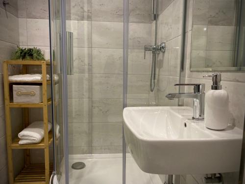 プレショフにあるNový moderný apartmán SAPEX "2" v centre mestaの洗面台とシャワー付きのバスルーム