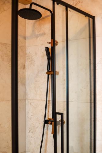 a shower with a glass door with a blow dryer at North Resorts Lucas in Novoť