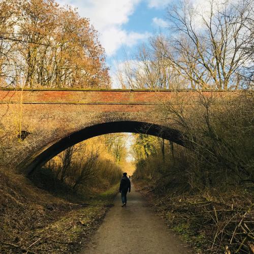 a person walking down a path under a bridge at De Notelaar in Kortessem