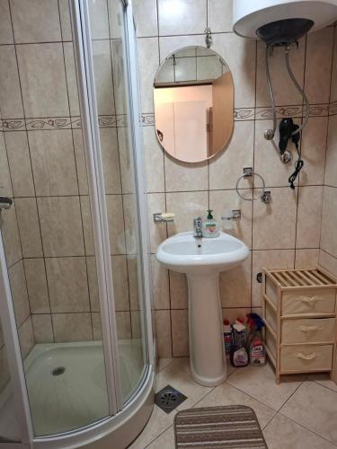 a bathroom with a shower and a sink and a mirror at Apartman Luka, Przno in Pržno