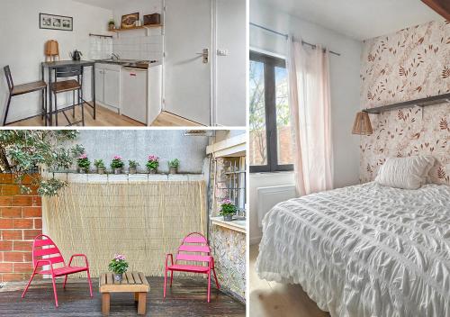 Cet appartement comprend une chambre avec des chaises roses, un lit et une cuisine. dans l'établissement Studio Cosy Terrasse à Versailles, à Versailles