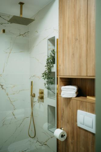 a bathroom with a shower with a glass wall at SXB Skyline Luxury Suite in Braşov