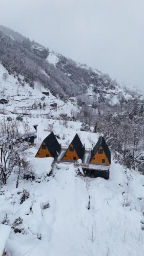 a group of houses in a snow covered field at AĞARAN WOODEN HOUSEs in Rize