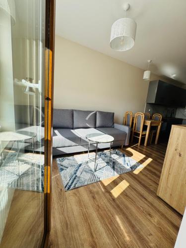a living room with a couch and a table at Apartamenty Baltic Sea Wiedeńska 5 in Kołobrzeg