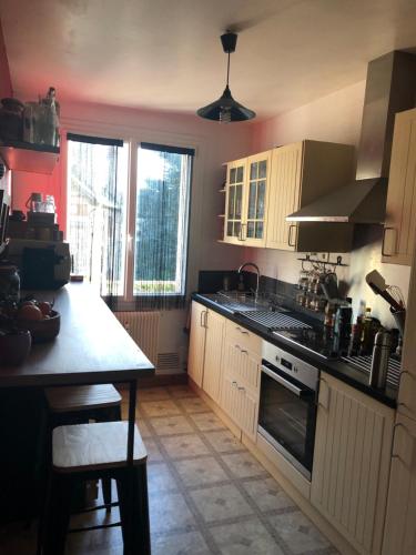 une cuisine avec un évier et une cuisinière four supérieur dans l'établissement chambre centre ville avec place de parking, à Fougères