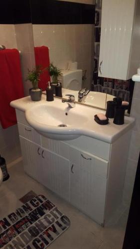 un bagno con un lavandino bianco e uno specchio di HOUSE KOPER Center a Capodistria
