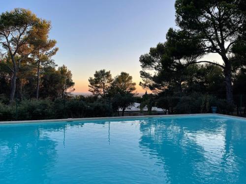une grande piscine bleue avec des arbres en arrière-plan dans l'établissement Lubéron Gîte Chaleureux 100 m2 piscine jardin, à Saumane-de-Vaucluse