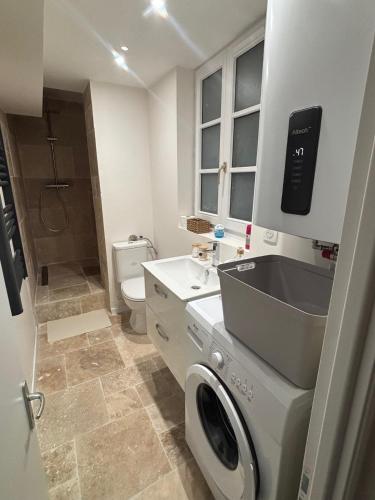 une salle de bain avec un lavabo et une machine à laver dans l'établissement Charmant appartement, à Nancy