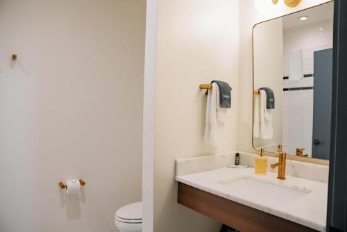a bathroom with a sink and a mirror at The Woodward Hotel in Macon