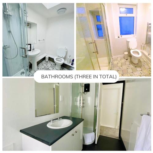 trzy zdjęcia łazienki z umywalką i toaletą w obiekcie Luxury Home Sleeps 20 Beach Cinema Hot Tub w mieście Rhos-on-Sea