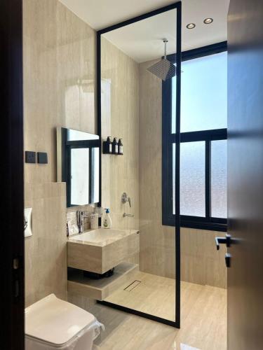 a bathroom with a sink and a toilet and a mirror at شقه فاخره وسط حي السليمانيه in Riyadh