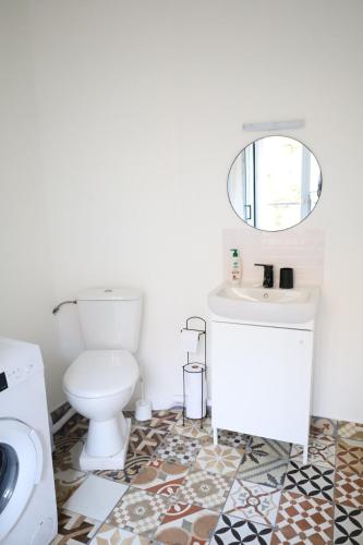 une salle de bain avec toilettes, lavabo et miroir dans l'établissement Château Rubis T2 hypercentre historique au pied du château, à Château-Thierry