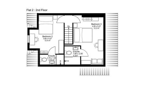 a floor plan of a house at 3a Roman View, beautifully appointed apartment in Roundhay, sleeps up to 6, bedrooms with en suite bathrooms, EV charging in Moortown