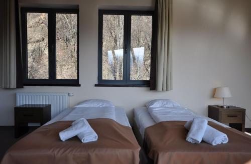 two beds in a room with two windows at Szklane Domy in Zakopane