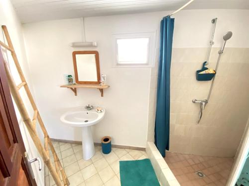 a bathroom with a sink and a shower with a mirror at Kya's Bungalow - Proche des plages in Le Marin