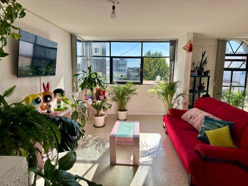 a living room with a red couch and potted plants at Departamento céntrico compartido in Pachuca de Soto