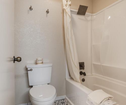a white bathroom with a toilet and a shower at Water Front Inn in Port Townsend