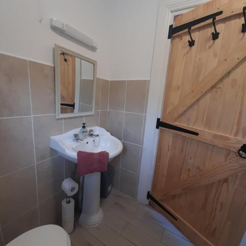 a bathroom with a sink and a wooden door at Corriebrack cottage in Hollywood