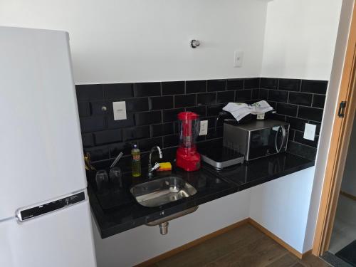 un bancone da cucina con lavello e microonde di Studio Barra Carnaval a Salvador