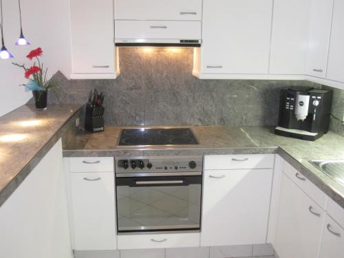 a kitchen with white cabinets and a stove at Residenza San Remy in Unterkulm
