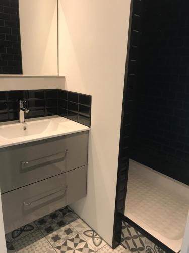 une salle de bain avec un lavabo et un miroir dans l'établissement Maison 3 chambres 900 m plage, à Lacanau
