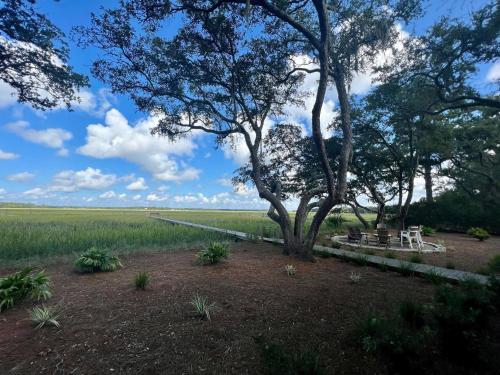 a bench under a tree next to a field at 2420 Seabrook Island Rd in Johns Island