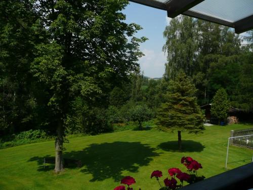 a green yard with a tree and red flowers at Landhaus Am Forst in Bad Alexandersbad