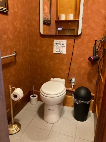a bathroom with a toilet and a mirror at Blackbird Glen Bed and Breakfast, Glenmore, Kelowna, BC in Kelowna