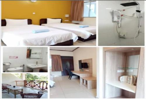 a collage of four pictures of a hotel room at Seaside Travellers Inn in Papar