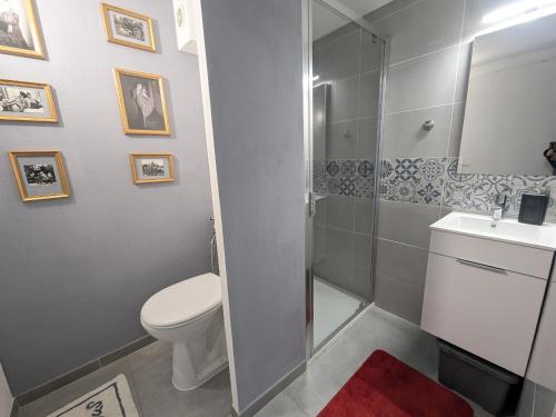une salle de bain avec toilettes, douche et lavabo dans l'établissement Villa Cosy T2, 600m Plage, Climatisation, Parking - FR-1-797-62, à Port-la-Nouvelle
