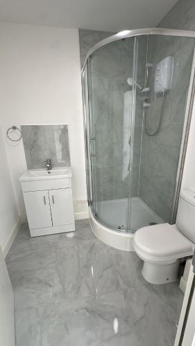 a bathroom with a shower and a toilet and a sink at ASM - TrainStation Studio Apartment in Scunthorpe