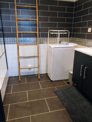 La salle de bains est pourvue d'un lavabo, d'un lave-linge et d'un sèche-linge. dans l'établissement kerwatt, à Cabourg