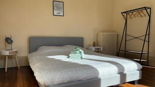a bedroom with a bed with a white blanket at Le chat perché in Autun
