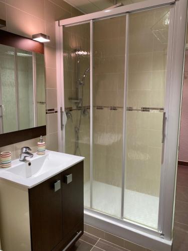 La salle de bains est pourvue d'une douche et d'un lavabo blanc. dans l'établissement Ambassades du soleil 4, au Cap d'Agde