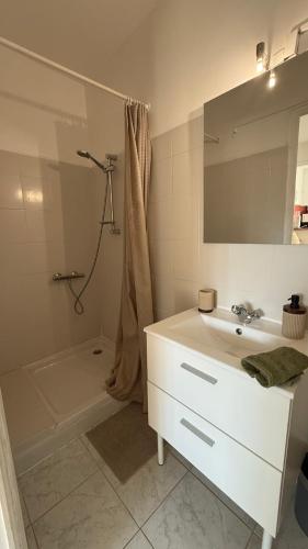 une salle de bain blanche avec un lavabo et une douche dans l'établissement Appartement intra-muros, à Aigues-Mortes