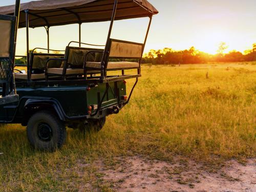 a green jeep parked in the middle of a field at eKhaya Bush Lodge in Hoedspruit