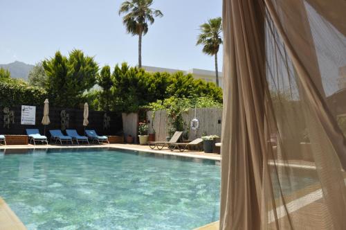 a large swimming pool with chairs and palm trees at Sunside Inn Hotel in Kérynia