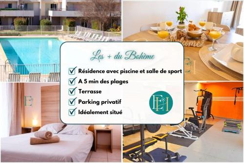 un collage de photos d'un hôtel avec une piscine dans l'établissement Le BOHEME - Séjour en Petite Camargue - 4 personnes, au Grau-du-Roi