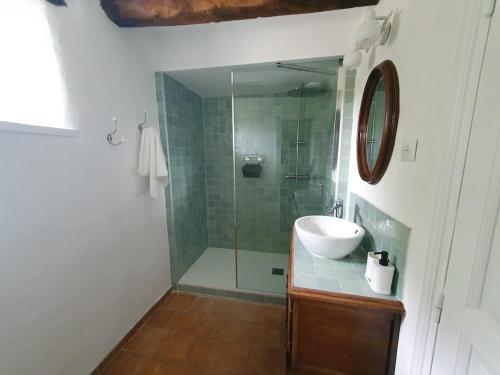 une salle de bain avec un lavabo et une douche en verre dans l'établissement Charming Breton farmhouse, à Rédené