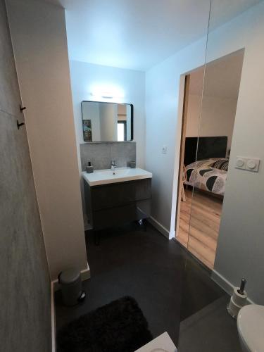 une salle de bain avec un lavabo, un miroir et un lit dans l'établissement Chambre indépendante rénovée, à 2 pas de la plage, à Savonnières