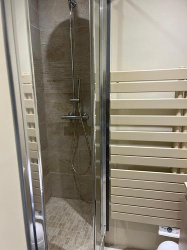 une douche avec une porte vitrée dans une salle de bain dans l'établissement Appartement T2 vue mer, à Cabourg