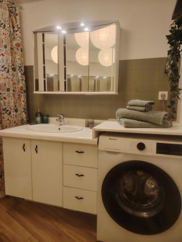 une salle de bain avec une machine à laver et un lavabo dans l'établissement Appartement plein centre ville, chaleureux et spacieux, à Cholet