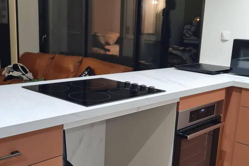 Il comprend une cuisine équipée d'un four et de plaques de cuisson. dans l'établissement Gite PMR Adapté Futuroscope Aquascope Center Parc Mecanick & Ko, à Mirebeau