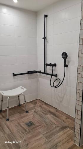 une salle de bain avec une douche avec un banc dedans dans l'établissement Gite PMR Adapté Futuroscope Aquascope Center Parc Mecanick & Ko, à Mirebeau