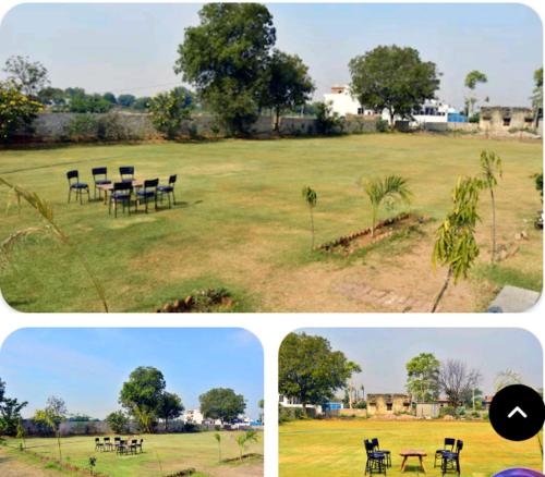 a group of tables and chairs in a field at Ranthambore Bagh niwas in Khilchipur